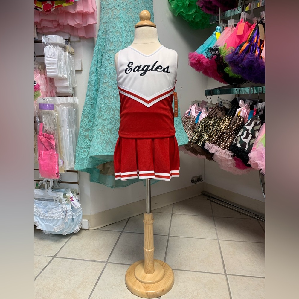 Childs Size 6 Red White & Black Eagles Mascot Logo Cheerleading Uniform Set NWT